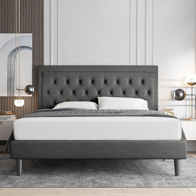 Allewie Queen Size Button Tufted/Fabric Upholstered Bed Frame with Adjustable Headboard/Wood Slat Support/Mattress Foundation/Dark Grey