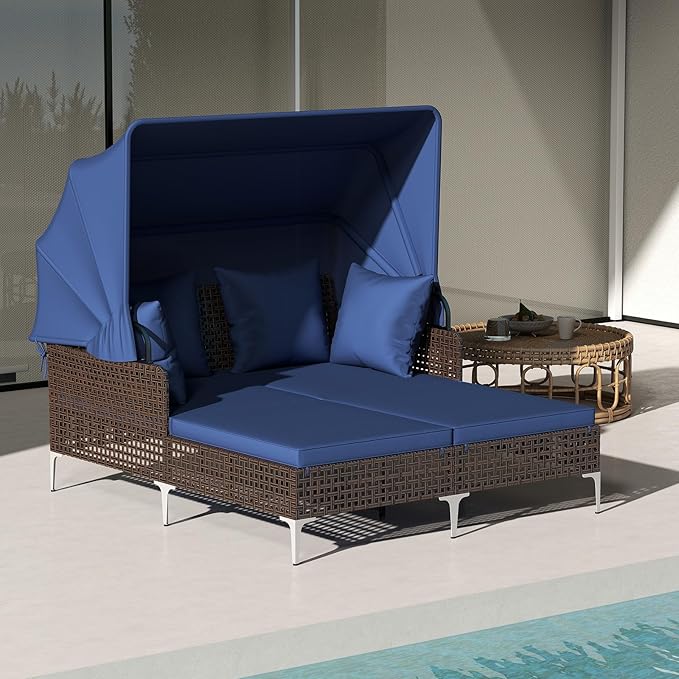HAPPYGRILL Outdoor Daybed with Retractable Canopy, PE Wicker Rattan Patio Double Chaise Lounger with Cushions, Outside Sunbed Furniture for Garden, Poolside and Backyard (Navy)