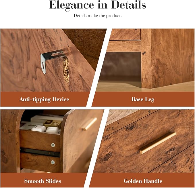 Curved 9-Drawer Dresser for Bedroom, 63" Wide Modern Chest of Drawers, Vanity Desk TV Stand for Living Room, Closet Storage Drawers Organizer Furniture, Nursery, Hallway, Dark Burl