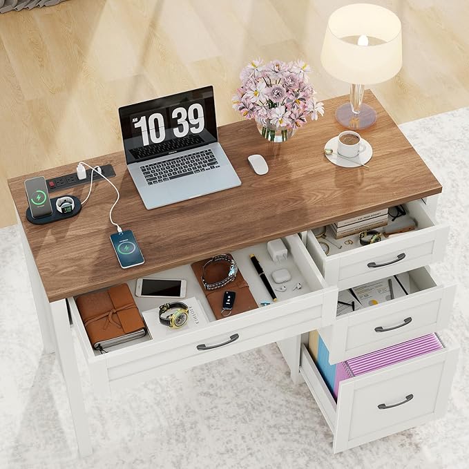 Vabches Farmhouse 47" Executive Desk, Computer Desk with File Drawer and Charging Station, Workstation for Home Office & Study(Off White