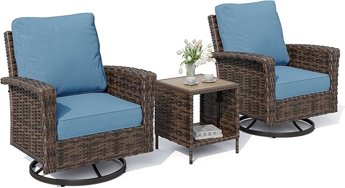 HERA'S HOUSE Oversized Patio Wicker Chairs, High Back Outdoor Swivel Chairs Set of 2 with Rattan Side Table, 5.5" Thick Cushions, 3-Piece Patio Furniture Sets for Deck Porch Pool, Brown/Blue