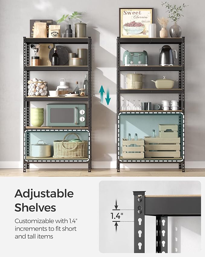 SONGMICS 5-Tier Storage Shelves, Load 2310 lb, Garage Storage, Boltless Assembly, Adjustable Shelving Unit, 17.7 x 35.4 x 70.9 Inches, for Study Shed Basement, Black and Natural Beige UGLR450B01