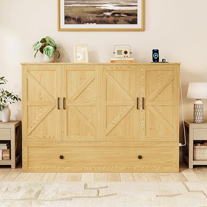 Murphy Bed Queen with Storage & Charging Station, Murphy Cabinet with Foldable Panel, Noisy Free, for Guest Bedroom, Living Room, Office, Distressed,Natural