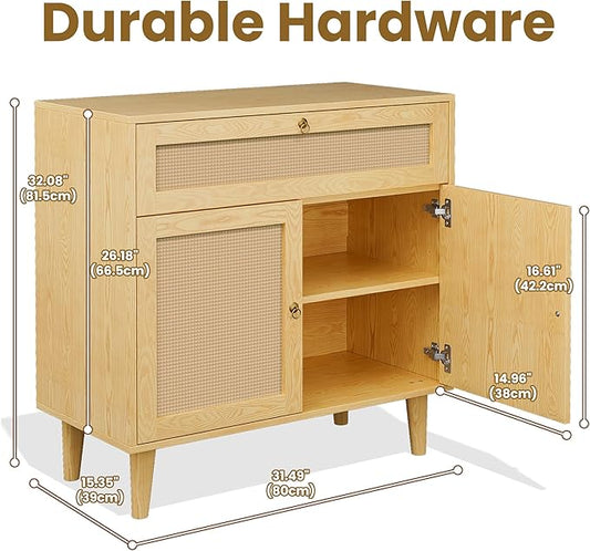 Storage Cabinet with Rattan Decor Doors & Drawer, Modern Bathroom Floor Storage Cabinet Organizer, Freestanding Cupboard for Kitchen/Living Room Use