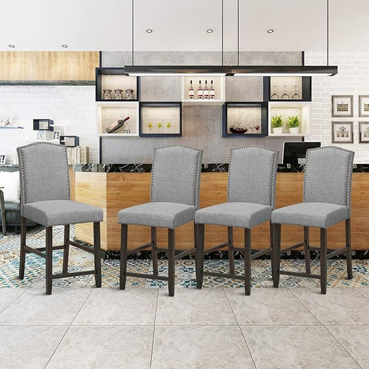COSTWAY Bar Stools Set of 4, 25'' Upholstered Counter Height Bar Stools with S-Shaped Spring Thick Cushion, Rubber Wood Legs, High Back Leisure Chairs for Living, Kitchen, Dining Room (Grey, 4)