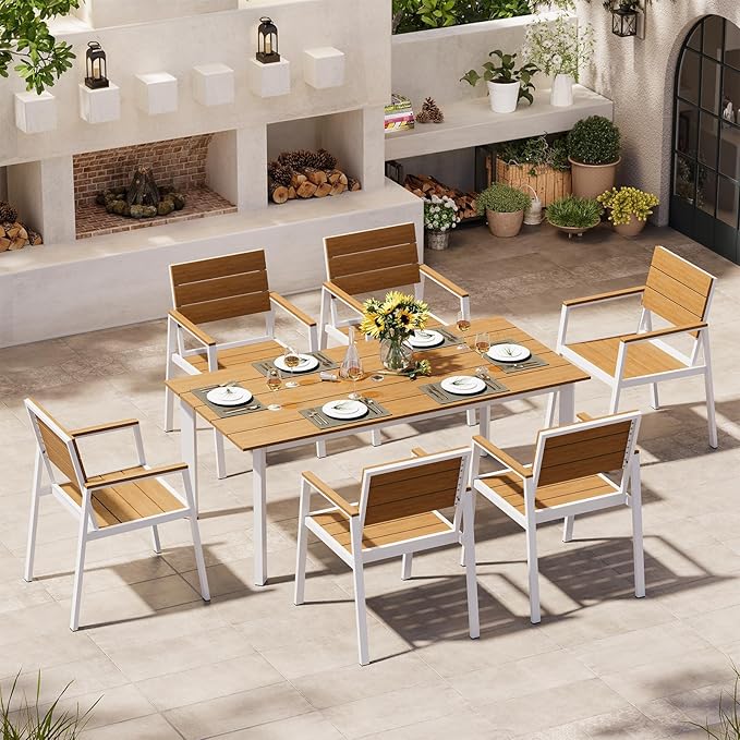 67" Rectangle HDPS Patio Dining Table, Aluminum Outdoor Patio Dining Table with Umbrella Hole, Weather-Resistant for Lawn, Garden, Yard, Poolside and Indoor Use, White & Teak