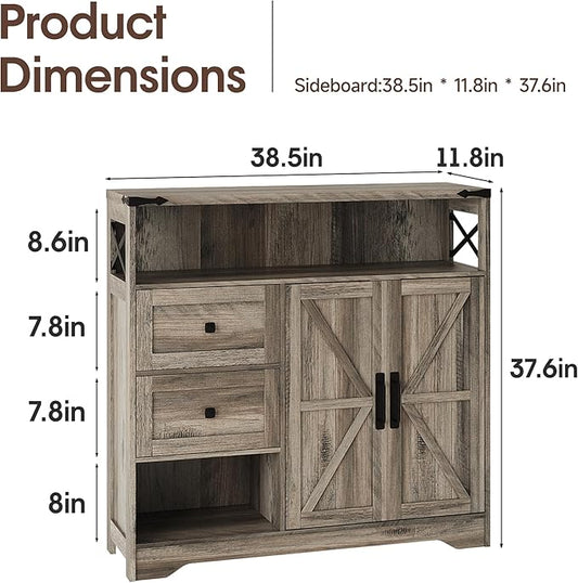 Fameill Farmhouse Storage Cabinet with Drawers and Open Storage,Freestanding Kitchen Pantry with 2 Barn Doors, Floor Cabinet with Adjustable Shelf for Living Room,Grey