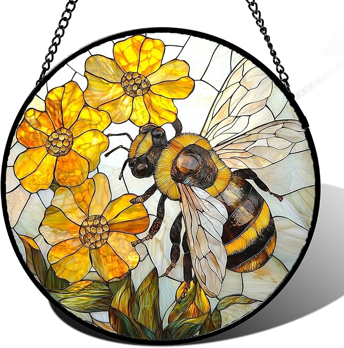 Stained Glass Window Hanging - Yellow Bees Gathering Flowers Sun Catcher for Door Garden Home Decor Cute Suncatcher Christmas Mother's Day Birthday Gifts for Women Men Mom Nana 15 in