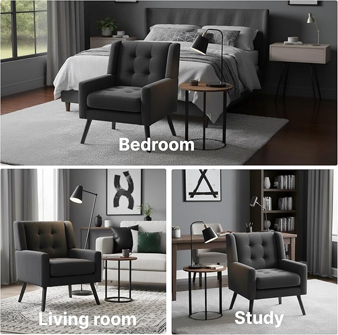 Mid-Century Modern Accent Chair Set of 2, Plush Linen Fabric with Button Tufted High Back & 5" Thick Cushion, High Comfort Reading Chair for Living Room, Bedroom, Office (Black)