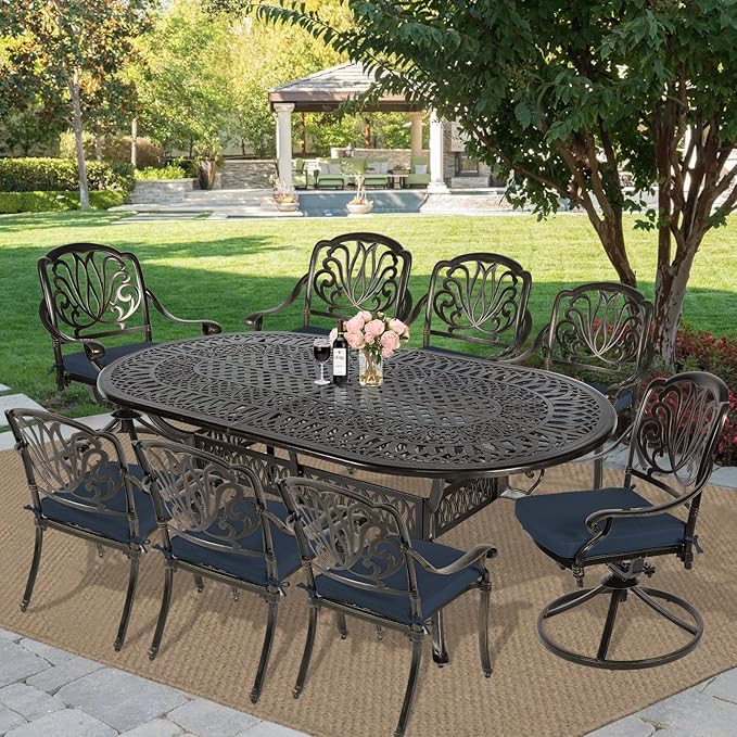 MEETWARM 9-Piece Outdoor Patio Dining Set, All-Weather Cast Aluminum Patio Conversation Set with 2 Swivel Rocker Chairs, 6 Stationary, 1 Oval Table, 8 Cushions, 2" Umbrella Hole, Navy Blue