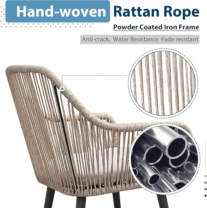 JOIVI Patio Chairs Set of 2, 2 Pieces Rattan Rope Material Outdoor Dining Chairs with Armrest and Seat Cushions for Outside Porch or Indoor Kitchen, Restaurant, Tan