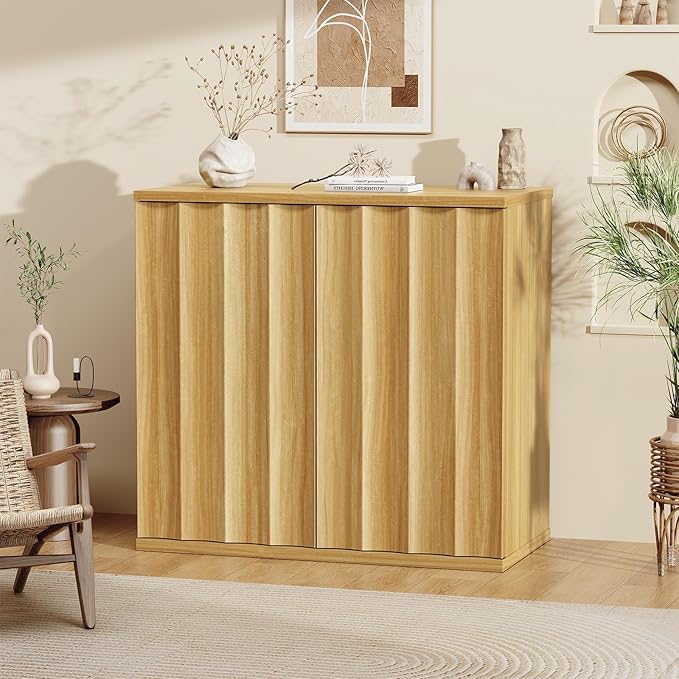2 Pack Fluted Sideboard Buffet Cabinet with Storage, 31.5" Modern Kitchen Cabinets with Doors, Coffee Bar Buffet Cabinet for Kitchen, Entryway Cabinets for Living Room, Natural