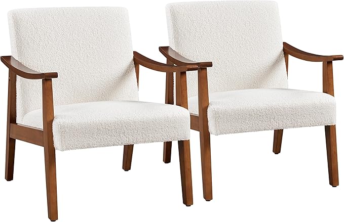 Yaheetech Fabric Accent Chair, Mid-Century Modern Armchair with Solid Wood Legs, Reading Leisure Chair with High Back for Living Room Bedroom Waiting Room, Set of 2, Ivory