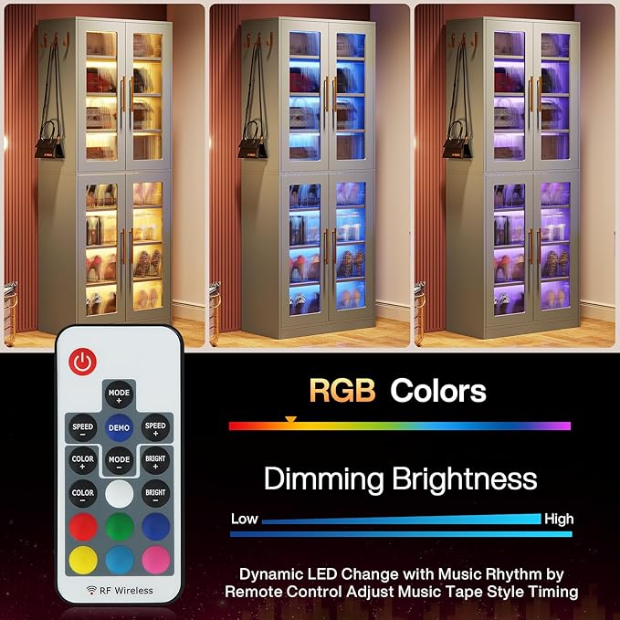 Tribesigns Tall Shoe Cabinet with Acrylic Doors and LED Lights, 8-Tier Entryway Shoe Organizer Storage Rack with Adjustable Shelves and Hanging Hooks for Narrow Closet, Hallway, Living Room, Gray