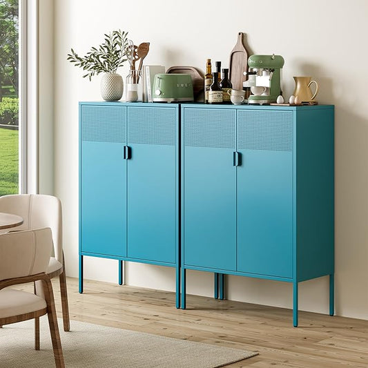 Blue Metal Storage Cabinet - 3 Tier Steel Office Storage Cabinet with Doors and Shelves for Home, Office and Kitchen