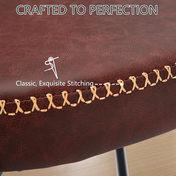 Rattan Dining Chairs Set of 2, Wine Leather Upholstered Dining Chairs with Rattan Cane Back, Mid Century Modern Dining Room Chairs with Black Metal Legs & D-Shaped Thicken Cushion, Wine