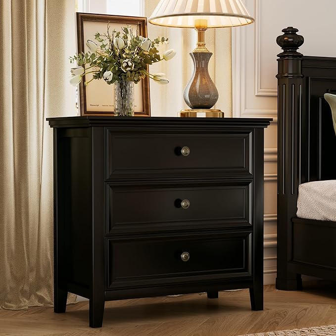 Farmhouse Black 3-Drawer Dresser for Bedroom - 31.5" Wide 3 Chest of Drawers Storage Organizer Cabinet as Nightstand or Bedside Dresser