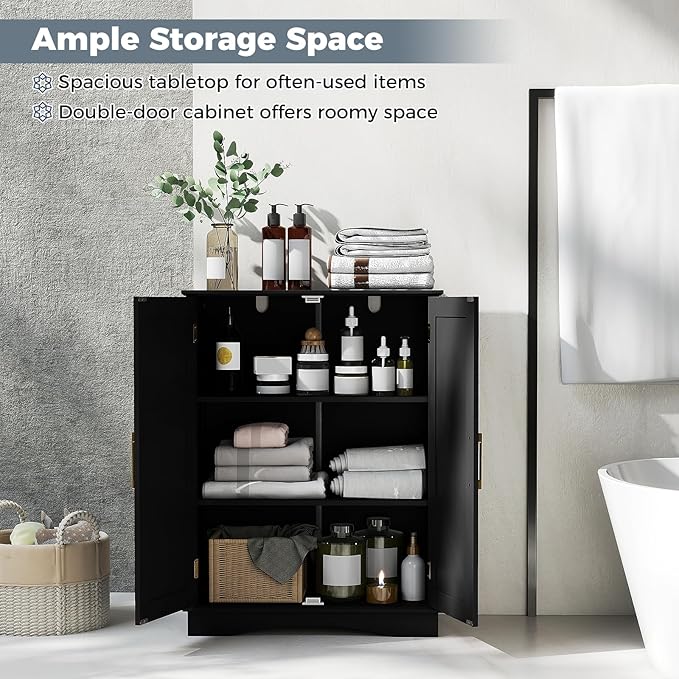 Tangkula Bathroom Floor Storage Cabinet, 31.5" H Freestanding Pantry Cabinet with 2 Doors and Adjustable Shelves, Kitchen Cupboard for Living Room, Dining Room, Bathroom (Black, 31.5" H)