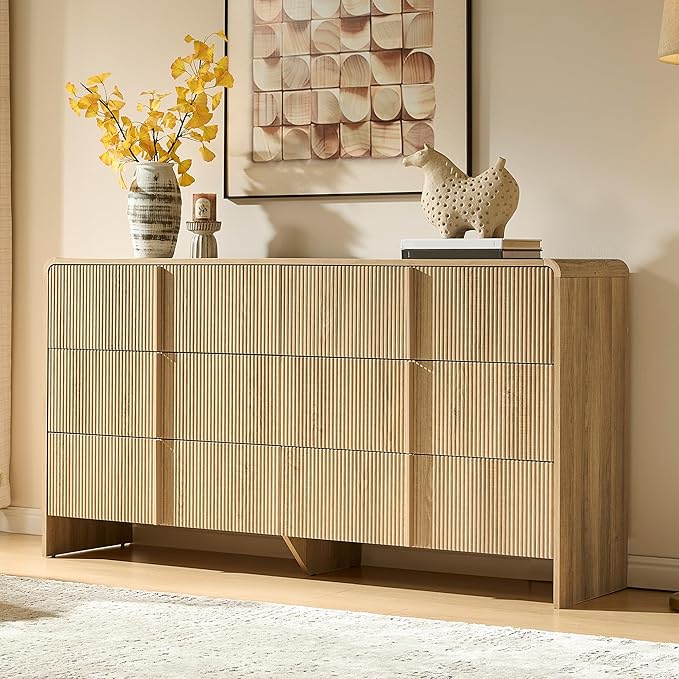 AMERLIFE 63" Fluted 6 Drawer Dresser, Long Modern Chest of Storage Drawers with Pine Handles, Rounded Corners & Anti-Tip Design, Wood Closet Organizer for Bedroom, Living Room, Nursery, Natural Oak