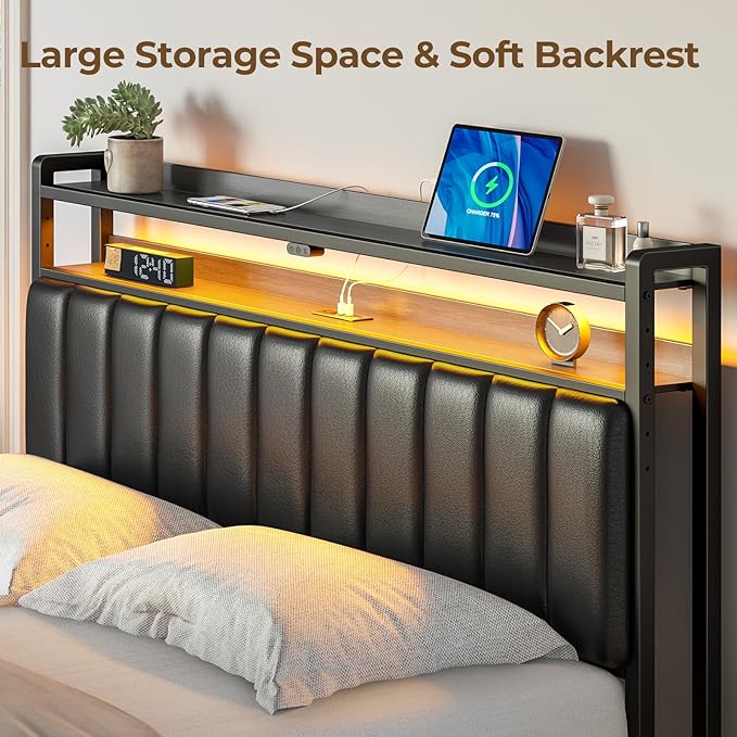 Rolanstar Headboard for Queen Size Bed with Storage, 60,000 DIY Color of LED Light, Head Board with USB, Type C Port, Height Adjustable, Black Upholstered Cabeceras de Cama Comfortable Modern, Leather
