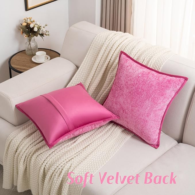 FUTEI Hot Pink Chenille Throw Pillow Covers 24x24 Inch Set of 2,Soft Cozy Bound Edge Design European Cushion Cover,Home Decor for Couch Bed Living Room