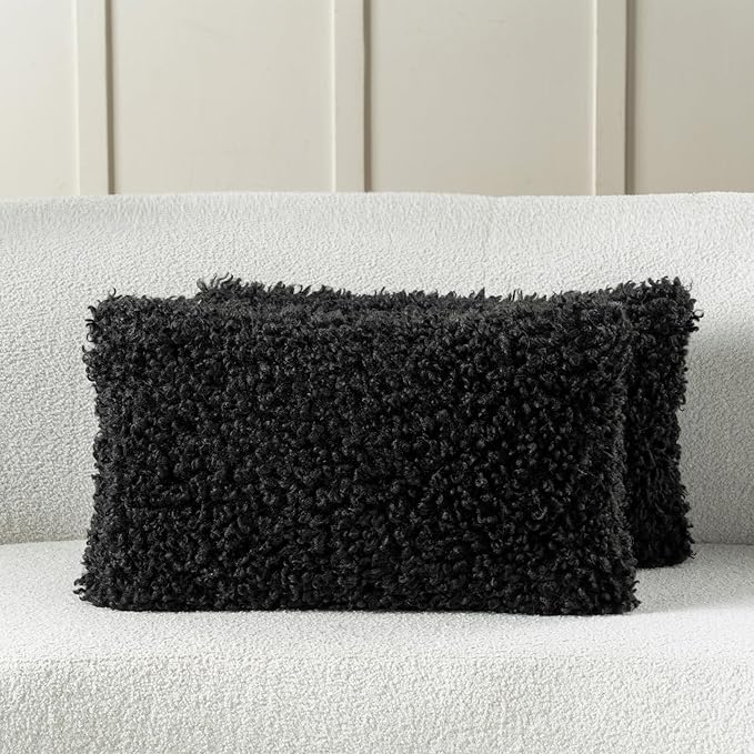 FUTEI Black Decorative Throw Pillow Covers 12x20 Inch Set of 2,Soft Fluffy Faux Wool Fur Boucle Textured Lumbar Pillow Case,Modern Home Decor for Couch Bed Living Room Office