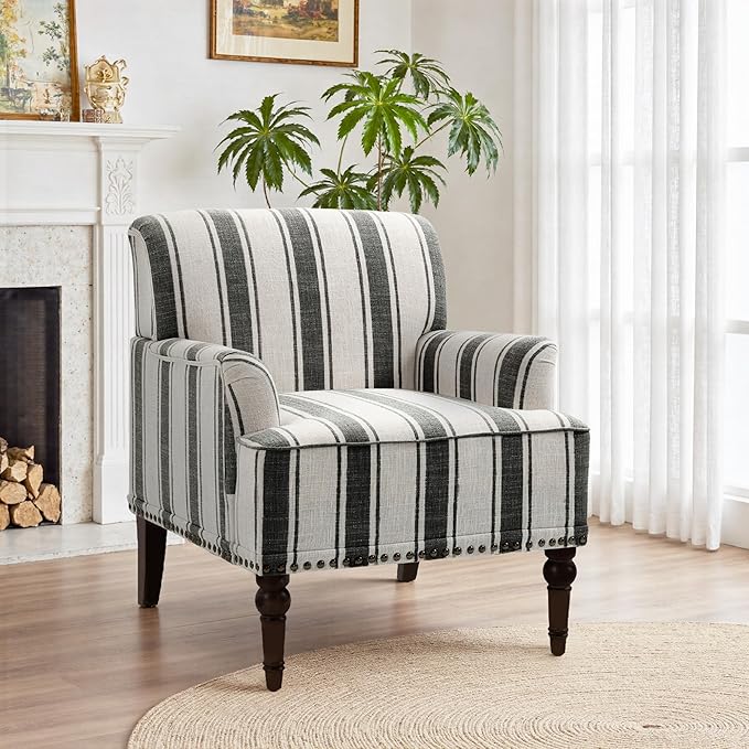 Pia Ricco Stripe Accent Chairs 2 Pack - Modern Nailhead Trim Armchairs with Wood Legs, Comfy Living Room Bedroom Home Office Seating-Black