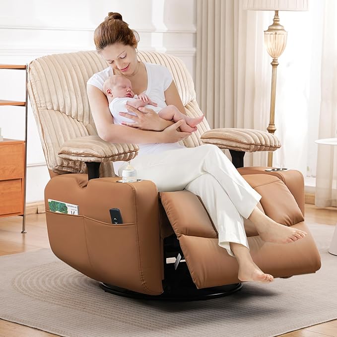 GRAINELL Rocking Chair Nursery, Electric Swivel Recliner Glider with Adjustable Armrests, Nursing Chair with USB Charger, Cup & Blanket Holders, Brown Corduroy & PU Leather