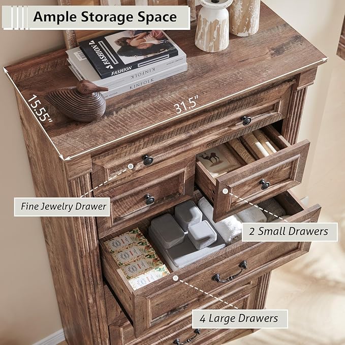 Farmhouse 7 Drawers Dresser for Bedroom, 57" Tall Large Dressers & Chests of Drawers w/Roman Column, Storage Dressers Organizer for Bedroom, Hallway, Living Room, Light Brown