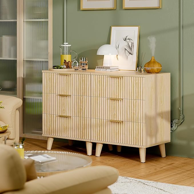 Lulive Wood 3 Drawers Dresser Fluted Night Stand with Charging Station, Storage Nightstand Modern Side Table, Bedside Table for Bedroom, Entryway Natural