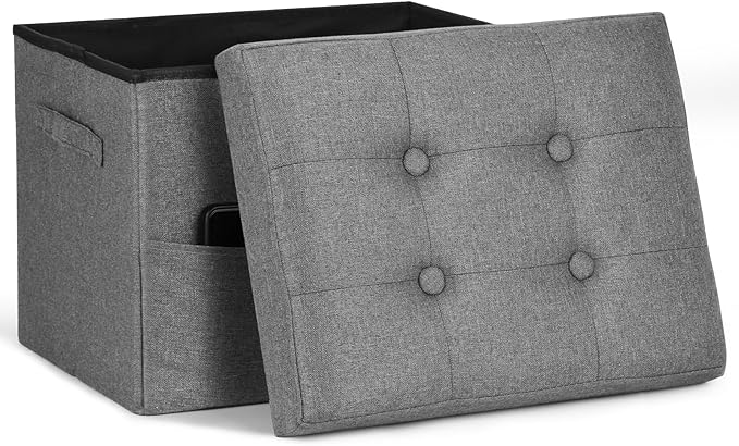 Storage Ottoman. Foot Rest Stool with Thicker Foam Padded Seat. Linen Footstool Storage Bench, 350 lbs Folding Bench Small Ottoman for Living Room, Bedroom, Coffee Table. 17x13x13in, Dark Gray