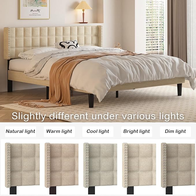 VECELO Headboard Queen Size, Linen Upholstered Headboards Only with Nailhead Trim Wingback, Square Stitched Design, Adjustable Height from 40" to 49.8", Oatmeal