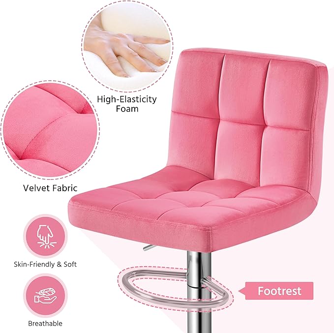 Yaheetech Pink Bar Stools Set of 2, Adjustable Velvet Barstools, Modern Counter Height Swivel Stool with Bigger Base for Kitchen Island, Pink