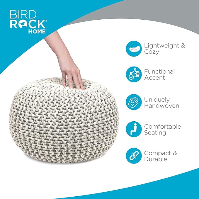 BIRDROCK HOME Round Pouf Ottoman | Cotton Braided Foot Stool with Bean Bag Filling | Boho Foot Rest for Living Room & Bedroom | Compact & Comfortable Seating, Lightweight & Soft | Natural