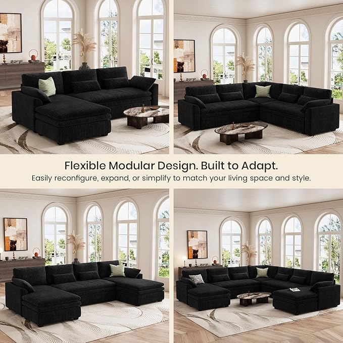 Belffin Large Modular Sectional Sofa with Deep Chaise, Corduroy U Shaped Couch with 9" Soft Dual-Layer 7 Seats Cushion for Living Room, Apartment, Black