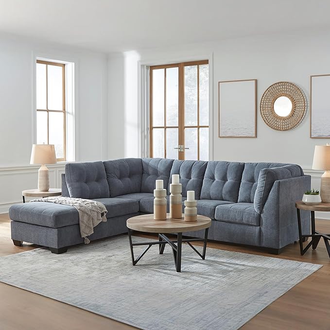 Signature Design by Ashley Marleton Contemporary Left-Arm Facing Tufted 2-Piece Sleeper Sectional with Chaise, Loose Seat Cushions and Bi-Fold Memory Foam Mattress, Full, Blue