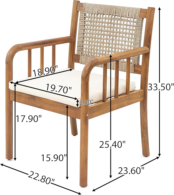 Christopher Knight Home Vera Outdoor Dining Chairs Set of 2, Acacia Wood Dining Chairs, Rattan Woven Back Armchair, Armchair with Cushion Seat, Patio Chair for Poolside Garden Balcony, Teak+Cream