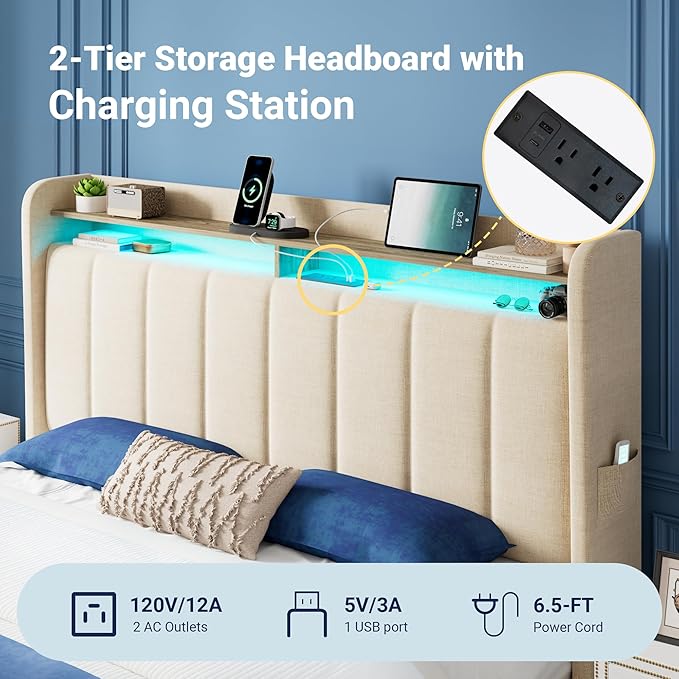 Allewie Vertical Tufted Full Size Upholstered Platform Bed Frame with 2-Tier LED Storage Headboard & 2 Storage Drawers, USB & Type-C Charging Ports, Noise-Free/No Box Spring Needed, Beige