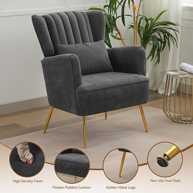 Living Room Chairs Chenille Accent Armchair with Lumbar Pillow&Gold Leg, 8.5" Thick Cushion, Mid Century Modern High Wingback Bedroom Chairs Upholstered Comfy Sofa Arm Chair, Grey
