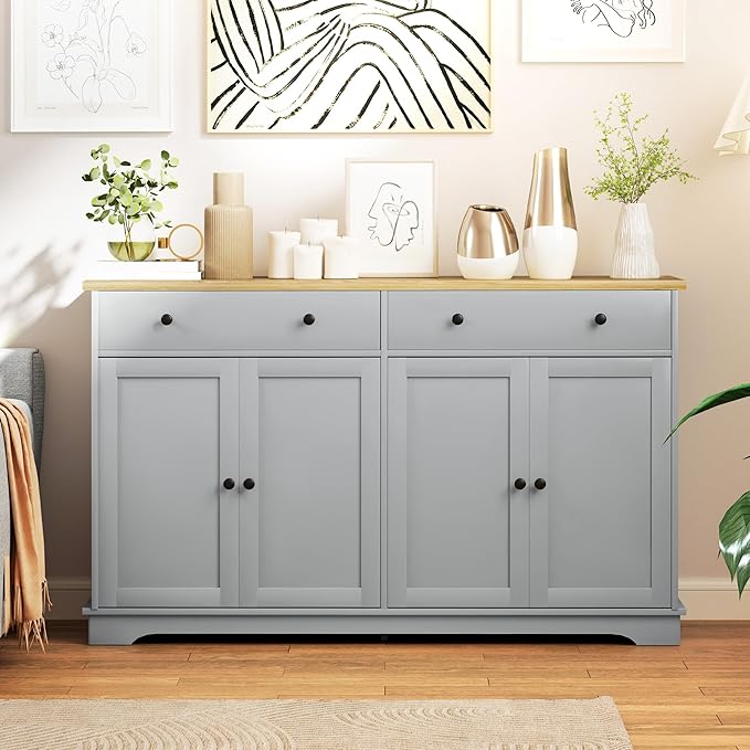 HOMCOM Sideboard Buffet Cabinet with Storage, 55" Modern Kitchen Cabinet with 4 Doors, 2 Drawers and 2 Adjustable Shelves, Coffee Bar Cabinet, Gray