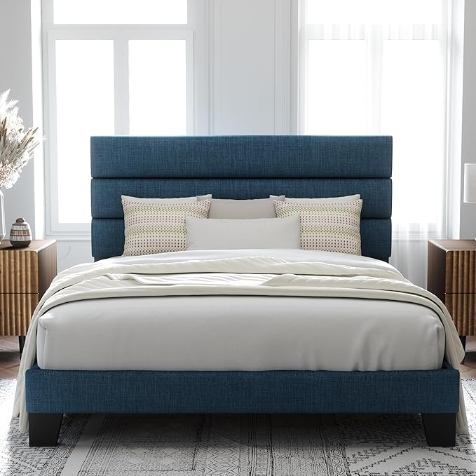 Allewie Full Size Platform Bed Frame with Fabric Upholstered Headboard and Wooden Slats Support, Fully Upholstered Mattress Foundation/No Box Spring Needed/Easy Assembly, Navy Blue
