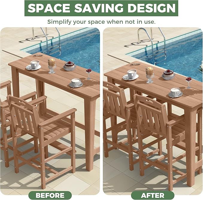 HDPE Outdoor Patio Bar Set with High Top Table and 2 Adirondack Chairs, All-Weather Bar Height Outside Rectangular Pub Furniture for Bistro, Garden, Backyard, Deck | 3-Pieces, Teak