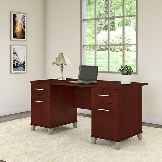 Bush Furniture 60-inch Home Office Desk with Drawers, Large Computer Table with Storage, Transitional Style, Somerset Collection, Hansen Cherry