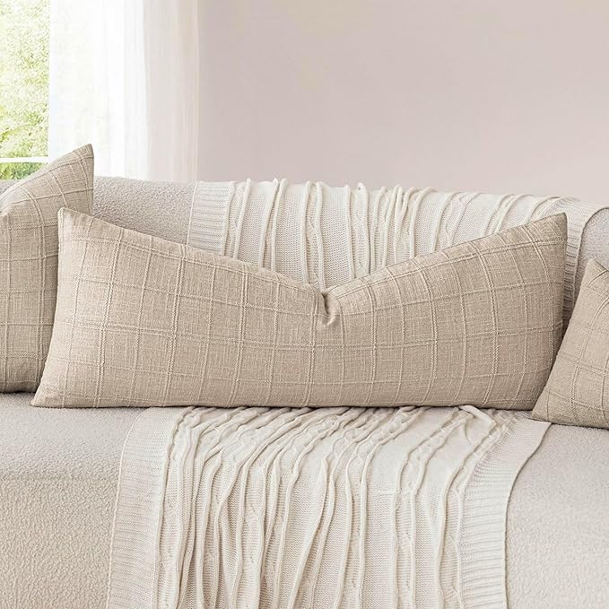 Foindtower Set of 2 Decorative Linen Check Throw Pillow Covers Neutral Long Body Lumbar Cushion Covers Farmhouse Vintage Home Decor for Sofa Chair Couch Bedroom Living Room,14×36 Inch,Natural Linen