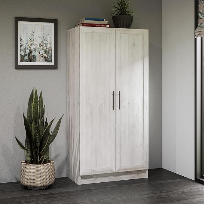 Prepac Elite Storage Accent Cabinet with Panel Doors, Rustic White Cupboard, Bathroom Cabinet, Pantry Storage with 3 Shelves 16.75" D x 32" W x 65" H