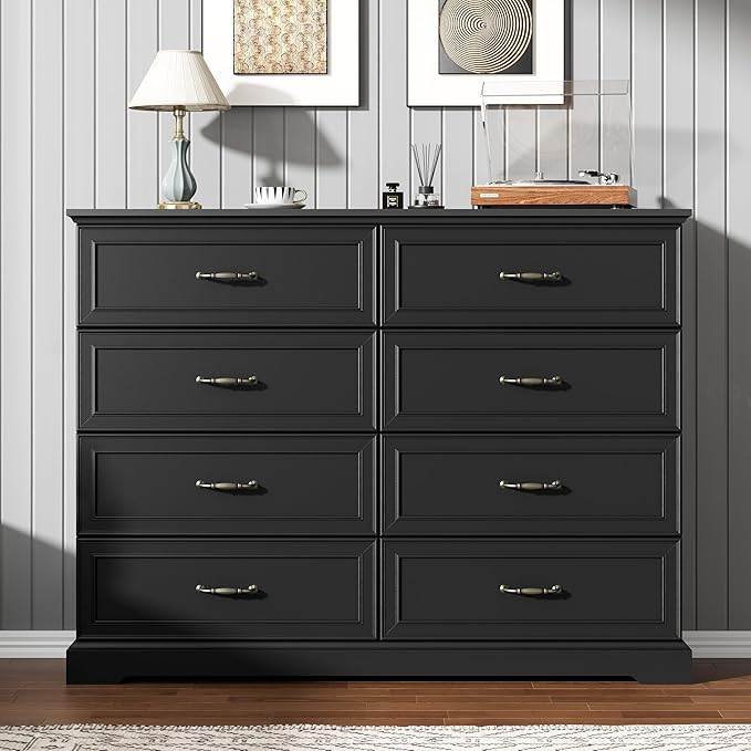 8 Drawer Dresser for Bedroom, 53" Wide Wooden Chest of Drawers, Rustic Farmhouse Dresser with Large Drawers & Metal Handles, Modern Storage Organizer for Closet, Living Room, Hallway, Black