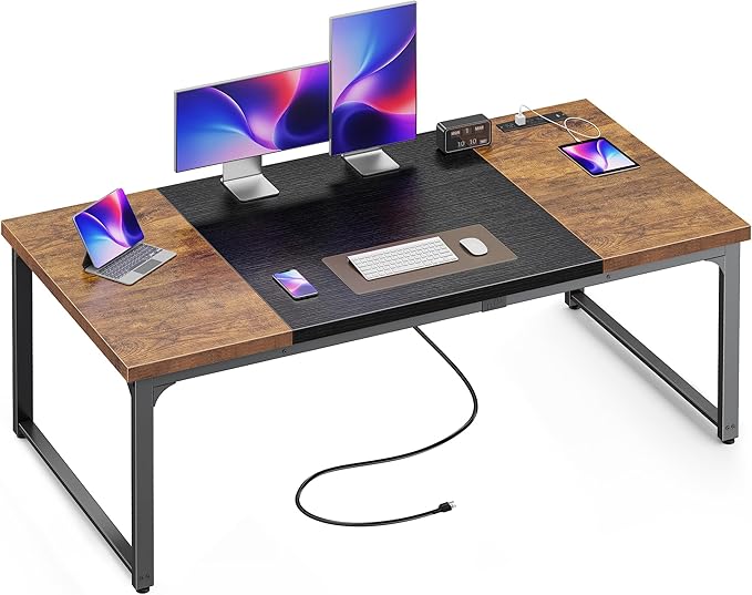 Huuger 63 x 31.5 inch Desk with Power Outlets & USB-C, 1.2 Inch Thicker Desktop, Robust Metal Tubes, Deep Computer Desk, Heavy Duty Office Desk, Work Desk, Rustic Brown and Black