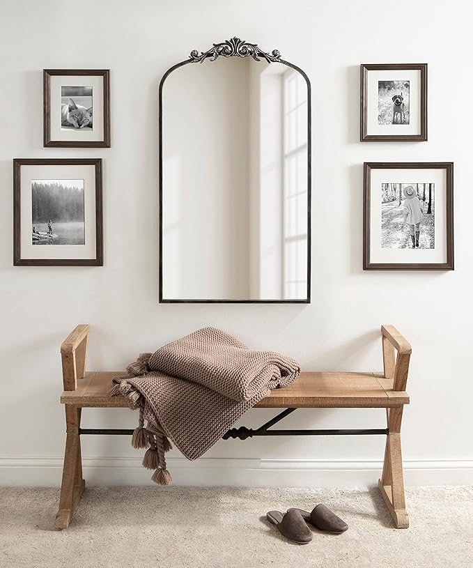 Kate and Laurel Arendahl Vintage Glam Arched Tall Panel Mirror; 24 x 42; Antique Black; Traditional Baroque Large Body Wall Mirror with Ornate Garland Inspired Crown