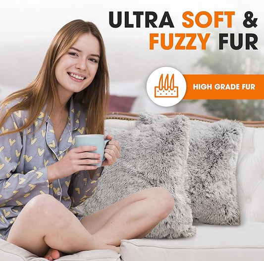 Cheer Collection Throw Pillows for Couch and Bed, Soft Shaggy Throw Pillows with Inserts Included, Cozy Long Hair Faux Fur Pillows - Set of 2-22" x 22" Gray