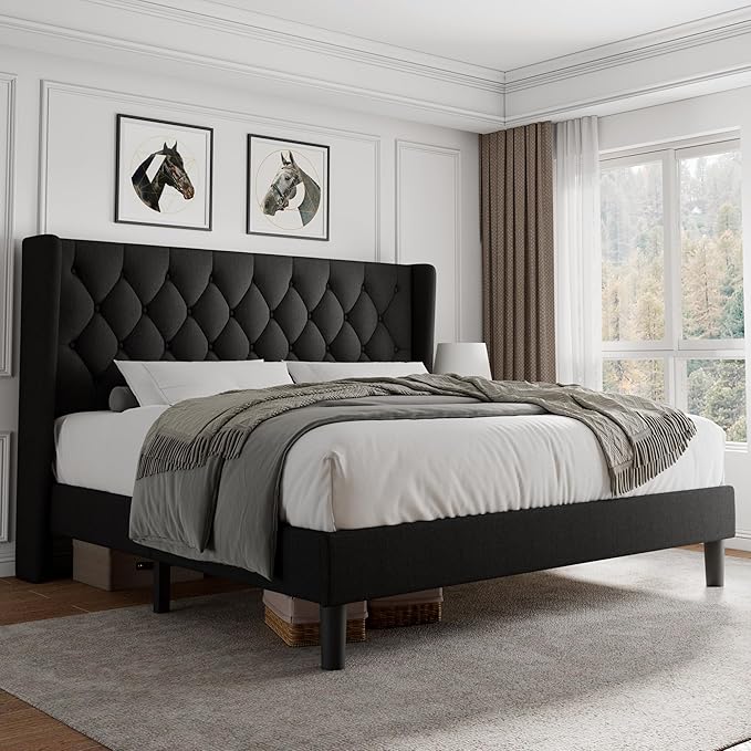 iPormis King Size Platform Bed Frame with Button Tufted Headboard, Upholstered Bed Frame with Solid Wooden Slats, 8" Underbed Space, No Box Spring Needed, Noise Free, Easy Assembly, Black